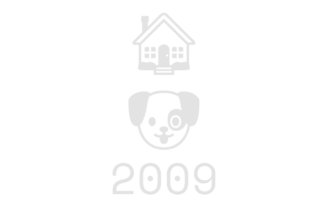 A simple depiction of a home, a dog, and the year 2009.