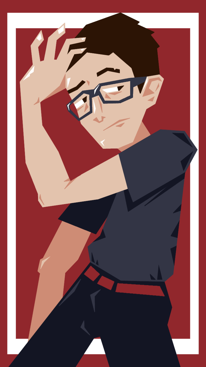 A geometric portrait of a young white man holding his forehead on a red background. He has short brown hair, black glasses, a grey t-shirt, a red belt, and black pants.